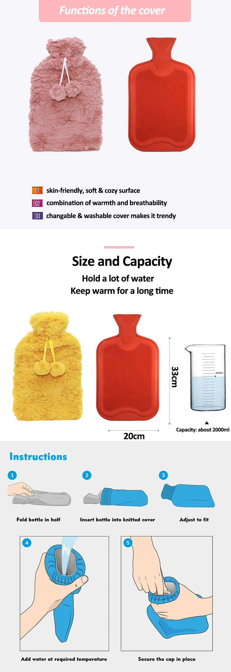 Wholesale Hot Water Bottle with Plush Cover Hand Warmer Waterproof Rubber Bottle Hot Water Bag Cover